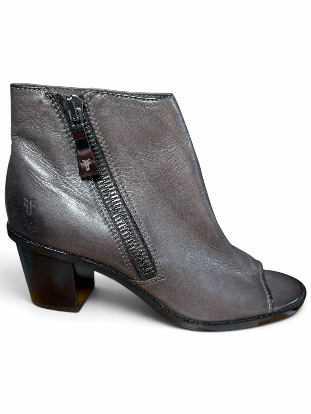 Frye Brielle Charcoal Grey Leather Boots Peep Toe Ankle Zip Booties Block Heel